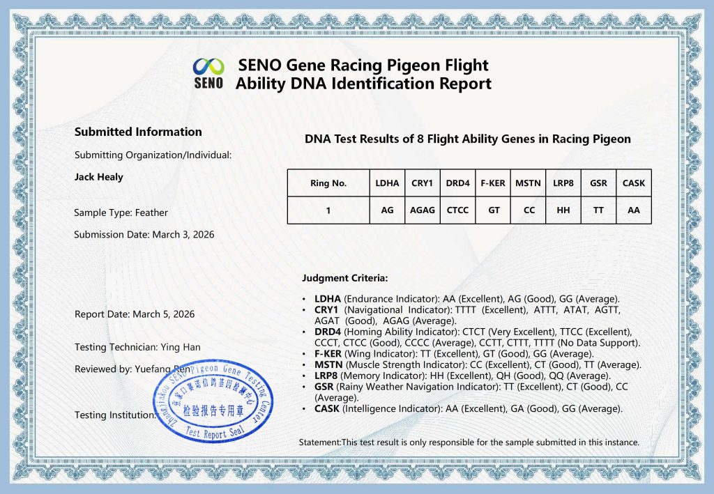 Sample of pigeon performance DNA test certificate